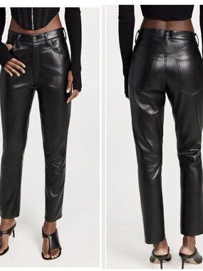 NWOT AGOLDE RILEY LONG Recycled Leather Blend Black Pants High Rise Straight 24